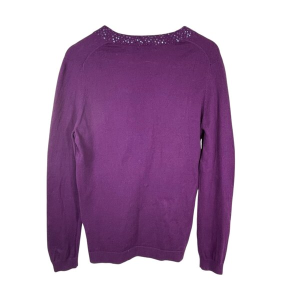 Lands’ End Cotton Cashmere Purple V-Neck Sweater Sequin Trim Size M - Picture 3 of 9